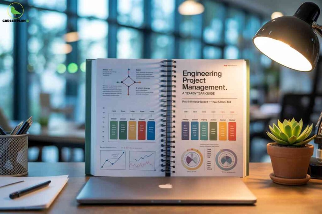 Professional spiral-bound notebook displaying Engineering Project Management A Year-by-Year Guide with colorful charts graphs and organizational diagrams on clean wooden desk under adjustable lamp with small succulent plant pen holder and office supplies in modern workspace featuring Career Plan B logo