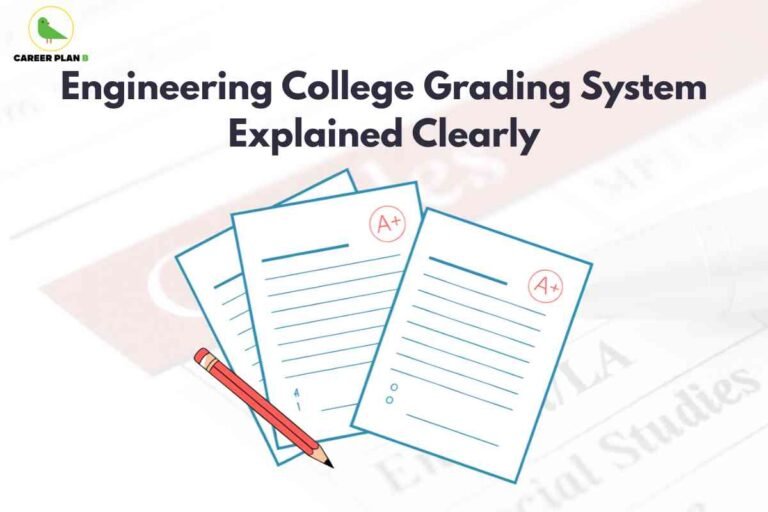 Engineering college grading system infographic from Career Plan B showing "Engineering College Grading System Explained Clearly" with three test papers displaying "A+" grades and red pencil, representing comprehensive guide to CGPA calculations, grade point scales, internal assessment patterns, and academic evaluation methods used in engineering education including 10-point grading system and percentage conversion formulas.