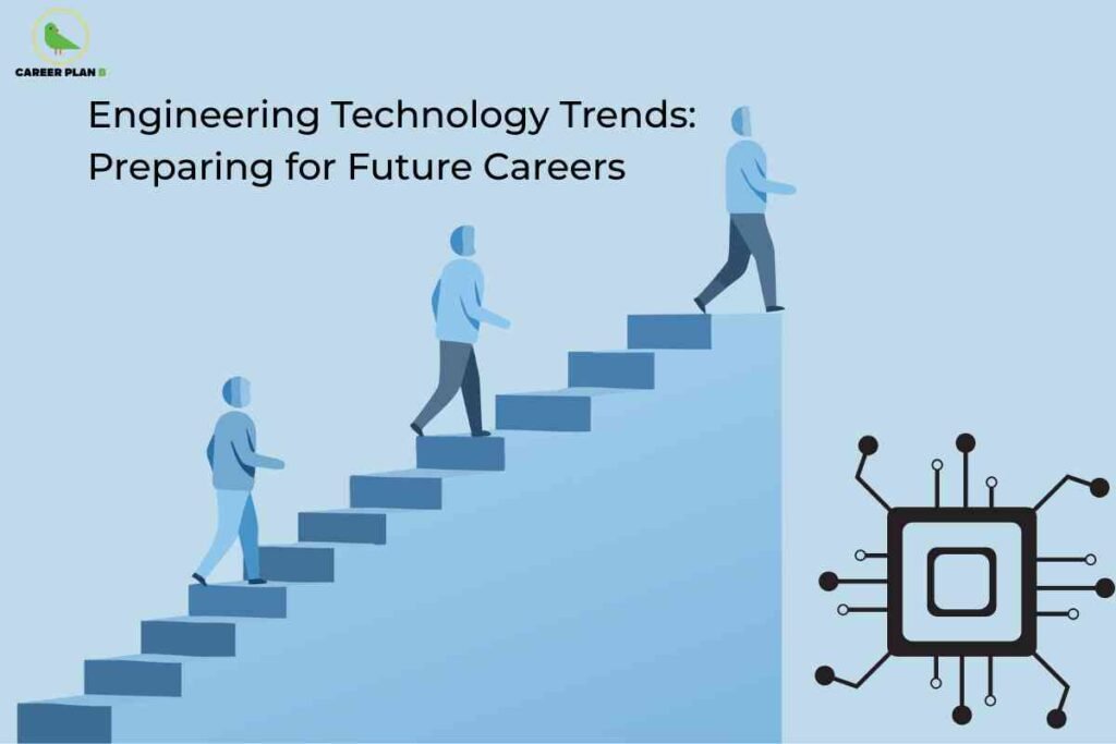 Blue gradient background showing three stylized human figures climbing ascending steps from left to right with microchip circuit diagram on lower right displaying "Engineering Technology Trends Preparing for Future Careers" title featuring Career Plan B logo representing professional development and technological advancement in engineering fields.
