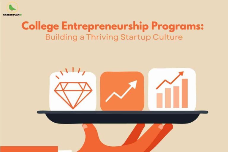 Beige background showing orange hand holding black tray with three white rounded squares containing diamond icon upward arrow and bar chart representing "College Entrepreneurship Programs Building a Thriving Startup Culture" with Career Plan B logo featuring startup ecosystem development and business innovation support services