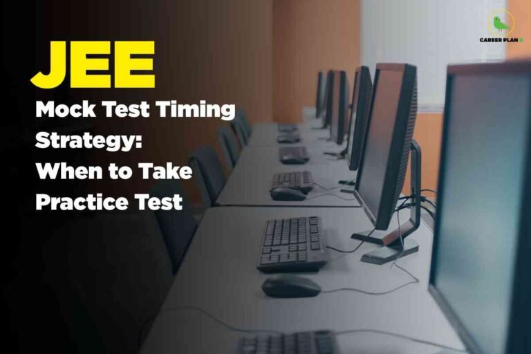 Computer laboratory with row of desktop workstations featuring monitors keyboards and mice on white desks with yellow "JEE" text and white text displaying "Mock Test Timing Strategy When to Take Practice Test" with Career Plan B logo representing digital exam preparation and strategic test scheduling