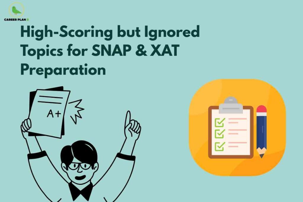 Light teal background featuring cartoon student with glasses holding A+ grade paper with raised finger and orange circular icon showing clipboard with checkmarks and pencil displaying "High-Scoring but Ignored Topics for SNAP & XAT Preparation" with Career Plan B logo representing MBA entrance exam strategy and academic achievement focus