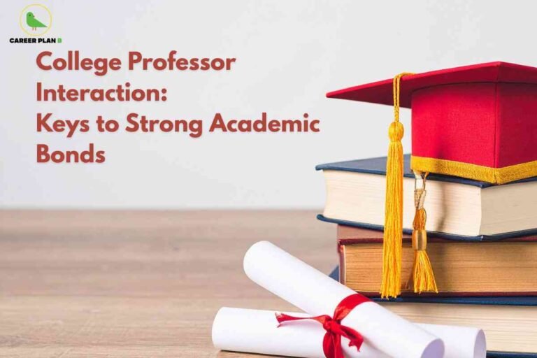 College professor interaction infographic from Career Plan B showing "College Professor Interaction: Keys to Strong Academic Bonds" with red graduation cap, golden tassel, stacked textbooks, and diploma with red ribbon, representing effective faculty-student relationship building through active engagement, professional communication, academic excellence, and mentorship development leading to enhanced learning outcomes and career opportunities.