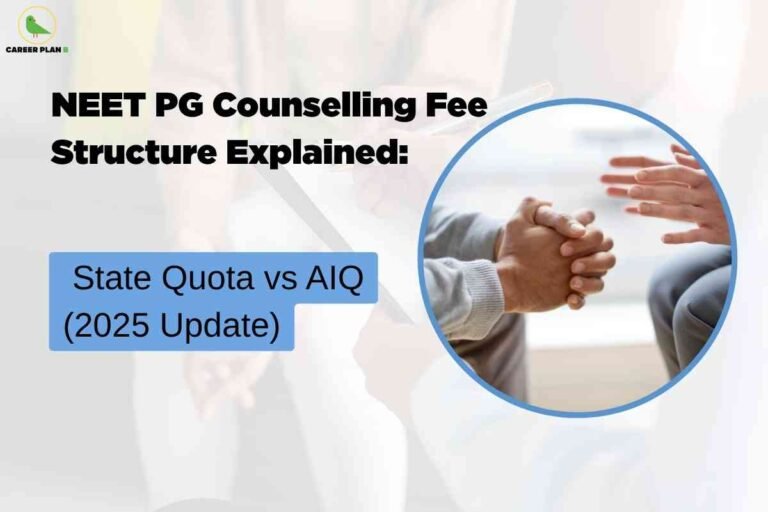 The image is primarily a text and photo composite with a professional and informative tone. On the right side, a circular framed photo shows a close-up of two people engaged in a discussion or counselling session. One person's hands are clasped tightly together, conveying concern or attentiveness, while the other person’s hands are visible with fingers spread, as if explaining something. The left side of the image contains bold text with a white and light gray gradient background that slightly fades into the photo. At the top left, there is a small logo featuring a green bird and the words "CAREER PLAN B." Below the logo, the main headline in bold black text reads, "NEET PG Counselling Fee Structure Explained:" Beneath this, a blue highlighted text box states, "State Quota vs AIQ (2025 Update)." The overall design suggests educational content about NEET PG counselling fees, comparing state quota and all-India quota (AIQ) fees for 2025. The image conveys a sense of guidance and clarity on counselling fee structure for prospective medical postgraduate students.