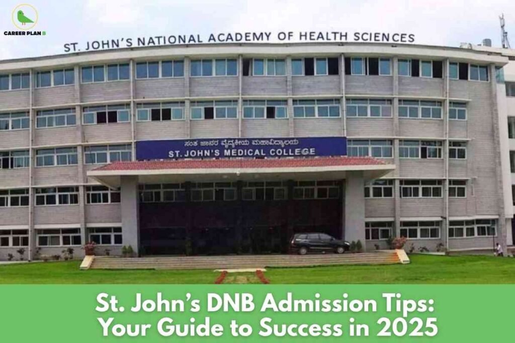 The image depicts the front facade of a large institutional building with multiple rows of windows arranged in a U-shape. At the top of the building, bold black letters spell out "ST. JOHN'S NATIONAL ACADEMY OF HEALTH SCIENCES." Below, a prominent blue sign above the entrance displays the name "ST. JOHN'S MEDICAL COLLEGE" in white text. In front of the building is a well-maintained lawn with some small plants and a path leading to the entrance steps. At the bottom of the image, a green banner overlays the image with bold white text that reads, "St. John's DNB Admission Tips: Your Guide to Success in 2025." In the top left corner is a small logo with a green bird and the words "CAREER PLAN B." The overall image combines a clear photo of the medical college building with promotional text aimed at aspirants preparing for DNB admissions in 2025, conveying an authoritative and supportive guidance theme.