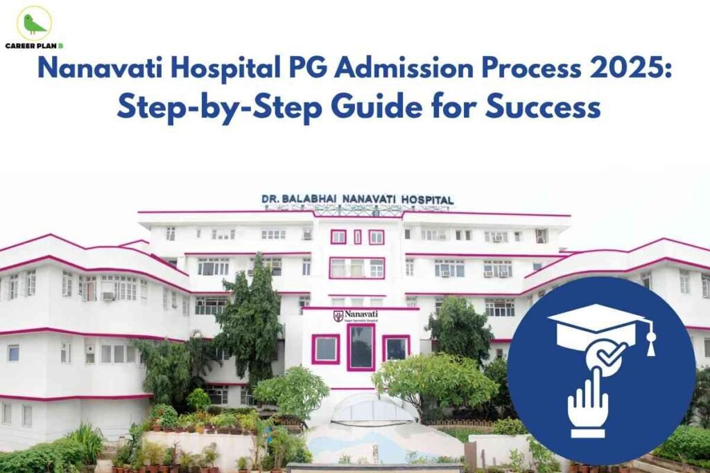 The image shows the front elevation of Dr. Balabhai Nanavati Hospital, a white multi-storey building with pink trim accents around the windows and edges. There are several trees and potted plants in front of the hospital, adding greenery to the scene. Over the main entrance, the sign reads "Nanavati Super Specialty Hospital" beneath the larger signage of "DR. BALABHAI NANAVATI HOSPITAL" at the roofline. At the top left corner, there is a "CAREER PLAN B" logo with a green bird. The main headline in large blue font at the top of the image says, "Nanavati Hospital PG Admission Process 2025: Step-by-Step Guide for Success." In the lower right corner, an icon overlays the photo, displaying a blue circle with a white graduation cap and a hand pointing or clicking a checkmark, indicating educational success or selection. The overall tone is informative and professional, designed to guide postgraduate medical aspirants on the admission process for 2025 at Nanavati Hospital.