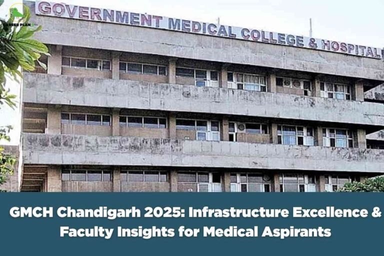 The image shows the front side of a large, multi-storey concrete building with visible signs of weathering. At the top of the building, bold capital letters spell out "GOVERNMENT MEDICAL COLLEGE & HOSPITAL." The building has a functional, utilitarian architecture style with rows of windows along each floor. Some greenery is visible in the foreground, framing the building. Across the bottom portion of the image is a dark blue banner with bold white text that reads, "GMCH Chandigarh 2025: Infrastructure Excellence & Faculty Insights for Medical Aspirants." In the top left corner, the "CAREER PLAN B" logo is displayed, which features a small green bird. The image conveys an authoritative overview of GMCH Chandigarh with a focus on its facilities and faculty for medical students preparing for 2025 admissions.