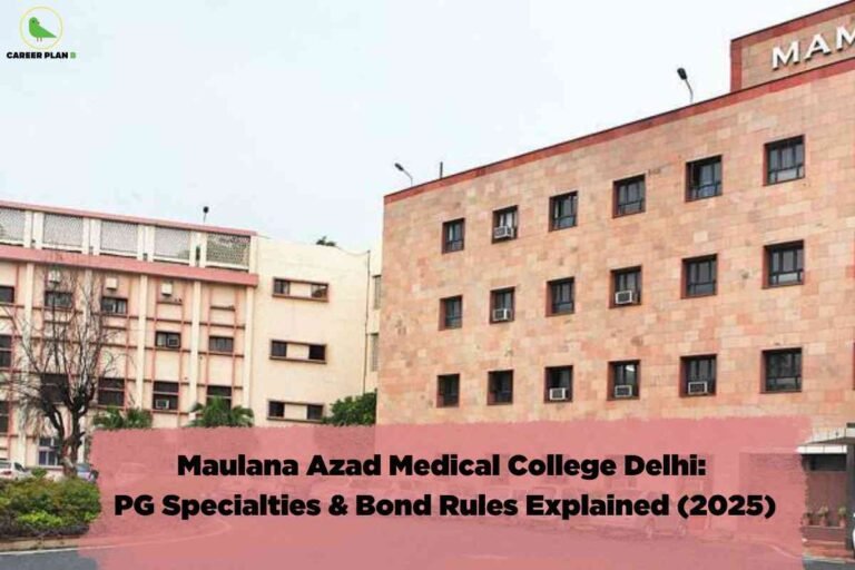 The image features the exterior view of Maulana Azad Medical College in Delhi, showing two main building structures. The building on the right is made of red sandstone with several rows of small square windows, each fitted with window air conditioning units. The building on the left is cream-colored with vertical architectural details and windows also fitted with air conditioning units. In the foreground, there are some bushes and a barren tree visible on the left side. Across the lower portion of the image is a semi-transparent red overlay with bold black text that reads, "Maulana Azad Medical College Delhi: PG Specialties & Bond Rules Explained (2025)." The top left corner of the image includes a small logo of a green bird with the text "CAREER PLAN B." The image is designed to provide informational content about postgraduate specialties and bond rules specific to this medical college for 2025.
