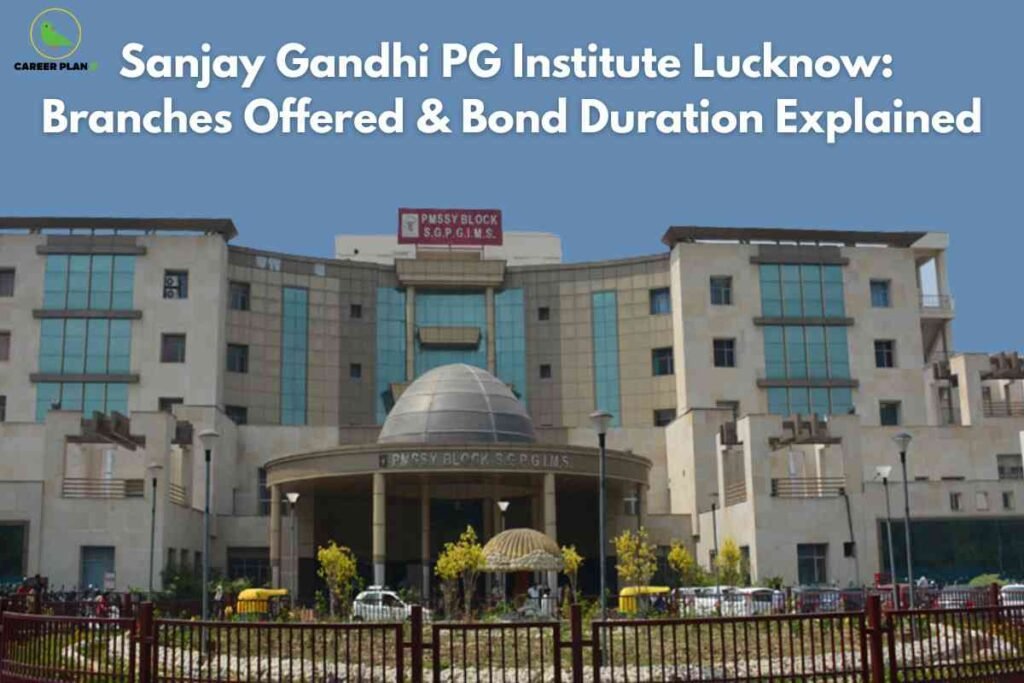 The image displays the main entrance of Sanjay Gandhi Postgraduate Institute of Medical Sciences (SGPGIMS) in Lucknow, featuring a modern multi-storey cream-colored building with blue glass panels and a prominent domed rotunda above the entrance labeled "PMSSY BLOCK S.G.P.G.I.M.S." The scene is complemented by well-maintained landscaped gardens and a decorative gazebo in front, with clear skies in the background. In the top left corner, the green Career Plan B bird logo and brand name are visible. Large white bold text stretches across the sky, reading: "Sanjay Gandhi PG Institute Lucknow: Branches Offered & Bond Duration Explained." The visual highlights essential information for aspirants about available postgraduate branches and bond terms at this prestigious medical institute.