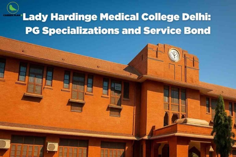 This image shows a prominent brick building of Lady Hardinge Medical College in Delhi, characterized by its classic red-brick architecture and large windows. On the upper portion of the building, there is a clock centered on a stepped gable facade, suggesting it is a significant or central structure within the campus. The building is set against a clear blue sky, which creates a vibrant contrast to the earthy tones of the bricks. The Career Plan B logo is visible in the upper left corner, indicating the image's association with an educational consulting brand. Bold white text is displayed across the upper section of the image, reading: "Lady Hardinge Medical College Delhi: PG Specializations and Service Bond," highlighting the image's informational focus on postgraduate academic offerings and service requirements at the institution.