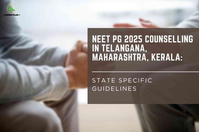 The image displays two individuals seated opposite each other, partially visible in the foreground and background, both dressed in casual attire, with one person's hands clasped together as if in discussion or contemplation. The overall background is softly focused, creating a calm and neutral atmosphere. In the upper left corner is the green circular bird logo and "Career Plan B" text. On the right, a bold brown rectangle overlays the image, containing white uppercase text: "NEET PG 2025 Counselling in Telangana, Maharashtra, Kerala: State Specific Guidelines." This design communicates a focused guide about state-specific postgraduate medical counselling procedures for NEET PG 2025 in Telangana, Maharashtra, and Kerala.