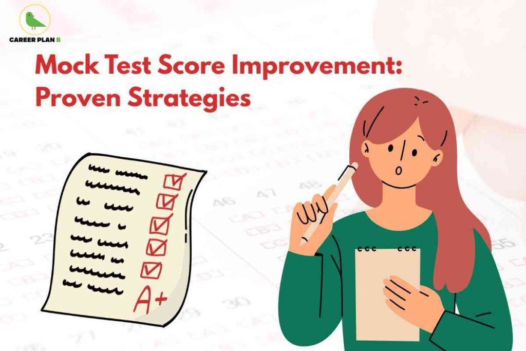 Mock test score improvement infographic from Career Plan B showing "Mock Test Score Improvement: Proven Strategies" with student holding pencil thoughtfully while reviewing answer sheet with red checkmarks and "A+" grade plus clipboard with notes, representing systematic approaches to analyzing mock tests, identifying weak areas, improving accuracy, and implementing proven strategies for consistent score enhancement through structured evaluation and targeted preparation.