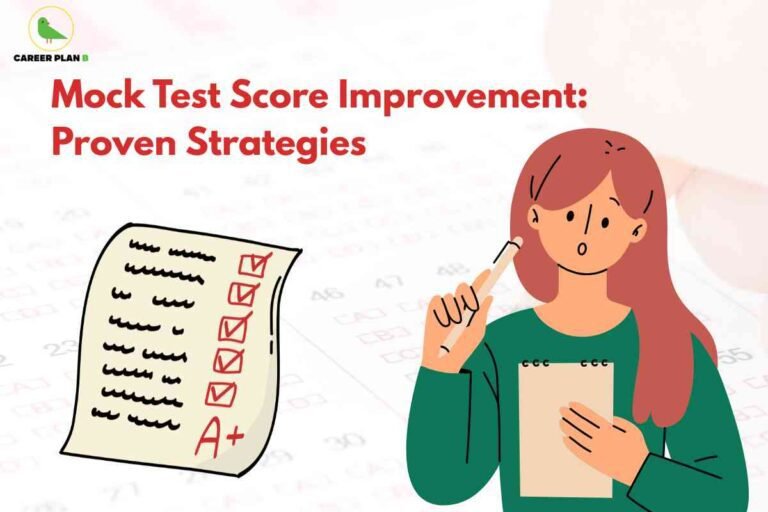 Mock test score improvement infographic from Career Plan B showing "Mock Test Score Improvement: Proven Strategies" with student holding pencil thoughtfully while reviewing answer sheet with red checkmarks and "A+" grade plus clipboard with notes, representing systematic approaches to analyzing mock tests, identifying weak areas, improving accuracy, and implementing proven strategies for consistent score enhancement through structured evaluation and targeted preparation.