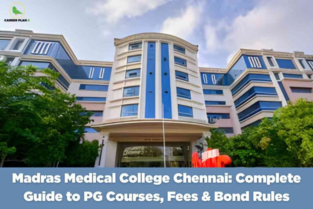 The image features the modern main building of Madras Medical College in Chennai, with its distinctive white and blue facade framed by lush green trees under a partly cloudy sky. In the top left corner appears the green Career Plan B bird logo and brand name. A large blue banner spans the bottom of the image, displaying bold white text: "Madras Medical College Chennai: Complete Guide to PG Courses, Fees & Bond Rules." The visual communicates a comprehensive informational resource about postgraduate medical programs, fee structures, and bond conditions for aspirants at Madras Medical College.
