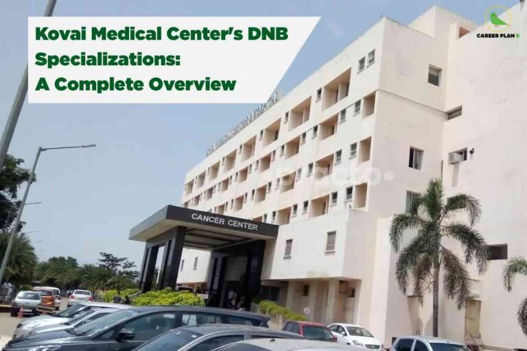 This image displays the modern exterior of Kovai Medical Center, specifically highlighting its Cancer Center wing. The hospital building features a clean, white facade with rows of square windows and minimalistic architecture. In the foreground, there is a parking area filled with several cars and bordered by palm trees, which adds a welcoming and accessible feel to the hospital environment. The image prominently includes a large heading in bold, dark green font against a white, banner-like background in the upper left corner, stating: "Kovai Medical Center’s DNB Specializations: A Complete Overview." The Career Plan B logo is present in the top right corner, indicating the image is produced or endorsed by an educational consulting company. The overall theme and text suggest the image is focused on providing detailed information about DNB (Diplomate of National Board) postgraduate specializations at Kovai Medical Center.