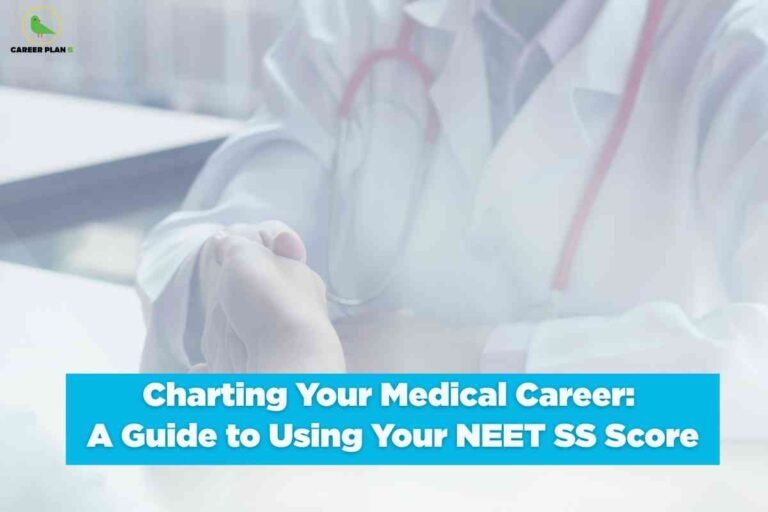 This image shows a close-up, softly lit scene of a healthcare professional dressed in a white medical coat with a stethoscope draped around their neck. The doctor’s hands are gently holding or shaking another person's hand, possibly a patient, which conveys a sense of care, support, and guidance in a clinical setting. The background is blurred, focusing attention on the interaction and the compassionate nature of the medical profession. In the top left corner, the Career Plan B logo is present, denoting the educational consulting company associated with this content. Across the bottom of the image, a bold blue banner contains white text that reads: "Charting Your Medical Career: A Guide to Using Your NEET SS Score." This headline highlights the purpose of the image, which is to provide guidance for medical professionals on leveraging their NEET SS (Super Specialty) scores for building successful career paths.