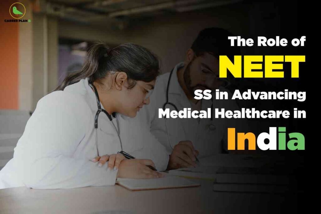 This image shows two medical professionals, a woman and a man, seated side by side at a desk, both wearing white lab coats and stethoscopes, symbolizing their medical background. They appear to be focused on their studies or professional tasks, with books and notebooks visible on the desk. Their faces are intentionally blurred to maintain privacy. The background is an indoor setting with soft, indirect lighting, suggesting a classroom, hospital, or academic workspace. In the top left corner, the Career Plan B logo represents the image’s connection to an educational consulting company. The right side of the image features bold white text with highlighted words in yellow and tricolor, stating: "The Role of NEET Advancing Medical Healthcare in India," with "NEET" in vivid yellow and "India" in the colors of the Indian flag. This headline signals the image's focus on the importance of the NEET exam in enhancing medical education and healthcare standards in India