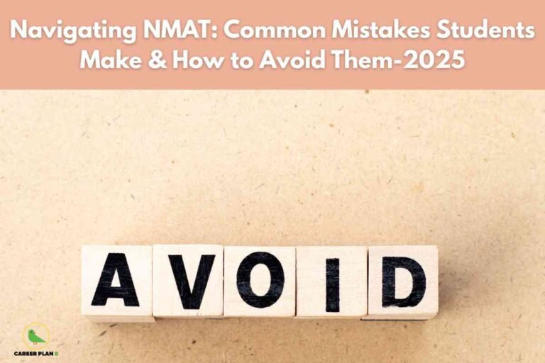 Warm beige textured background with white wooden blocks spelling "AVOID" centered below, displaying main title text "Navigating NMAT Common Mistakes Students Make & How to Avoid Them-2025" with Career Plan B logo representing strategic preparation guidance for MBA entrance exam success.