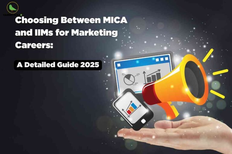 Dark background with sparkling effects showing cupped hand holding colorful megaphone tablet and laptop with analytics displaying "Choosing Between MICA and IIMs for Marketing Careers A Detailed Guide 2025" featuring Career Plan B logo representing business education comparison and marketing specialization career path decision making.