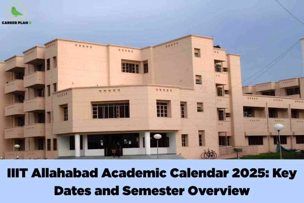 Multi-story peach colored institutional building with modern architecture and satellite dish under clear sky displaying white text banner "IIIT Allahabad Academic Calendar 2025 Key Dates and Semester Overview" with Career Plan B logo representing Indian Institute of Information Technology campus infrastructure and academic planning for students.