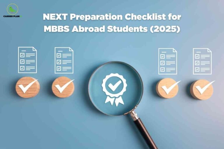An image showing checklist documents and checkmarks arranged around a magnifying glass with a certification badge icon at its center. The Career Plan B logo appears in the upper left corner against a blue-green gradient background, with white text reading "NEXT Preparation Checklist for MBBS Abroad Students (2025)."
