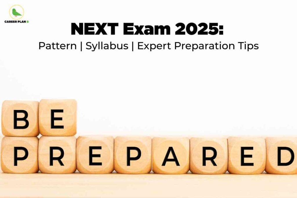 An image showing wooden letter blocks arranged to spell "BE PREPARED" with "BE" on the top row and "PREPARED" below, set against a light background. The Career Plan B logo appears in the upper left corner, with black text above reading "NEXT Exam 2025:" and gray text below stating "Pattern | Syllabus | Expert Preparation Tips."