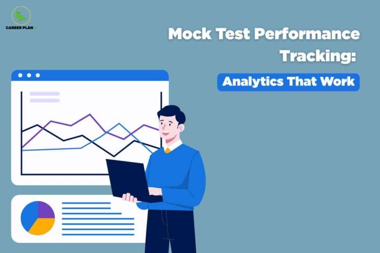 An image showing a person in a blue shirt holding a laptop, standing next to analytical displays including line graphs and charts on a browser window, plus a pie chart with report lines below. The Career Plan B logo appears in the upper left corner, with white text reading "Mock Test Performance Tracking:" and "Analytics That Work" on a blue-green gradient background.