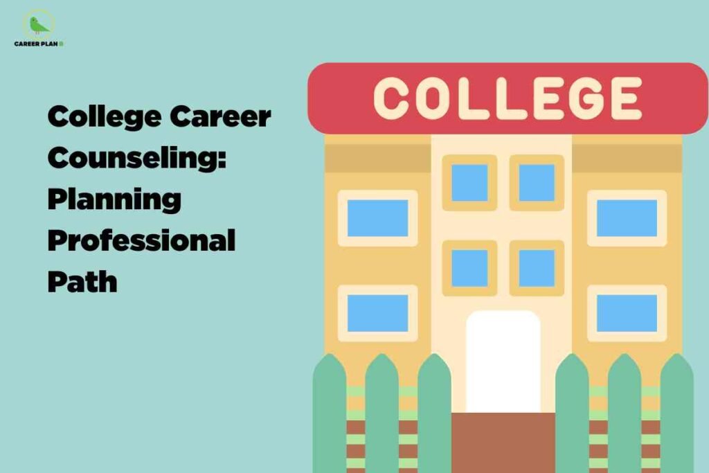 An image showing a stylized college building illustration with a red "COLLEGE" sign at the top, yellow-orange brick walls with blue windows, and green trees or shrubs around the entrance. The Career Plan B logo appears in the upper left corner, with black text on the left reading "College Career Counseling: Planning Professional Path" against a light blue-green gradient background.