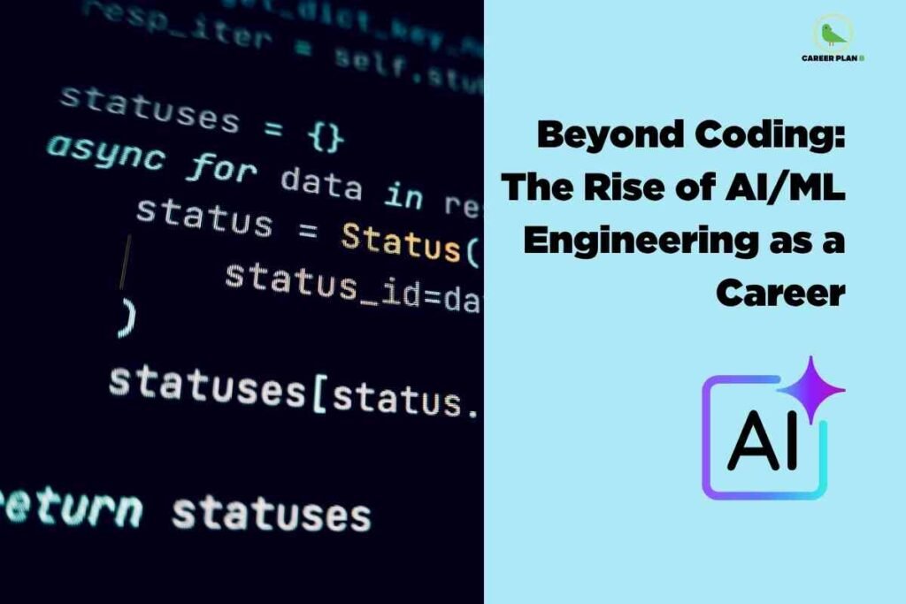 An image split in two halves - the left showing programming code on a dark screen with syntax highlighting, and the right featuring the Career Plan B logo on a light blue background. The right side displays "Beyond Coding: The Rise of AI/ML Engineering as a Career" in bold text, along with an "AI" icon with a purple sparkle effect.