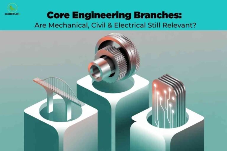 An image showing three 3D geometric cubes on a teal gradient background. Each cube displays a different engineering symbol: a bridge structure (representing Civil Engineering), a gear mechanism (representing Mechanical Engineering), and electronic circuit paths (representing Electrical Engineering). The Career Plan B logo appears in the top left corner, with the title "Core Engineering Branches: Are Mechanical, Civil & Electrical Still Relevant?" in bold text at the top.