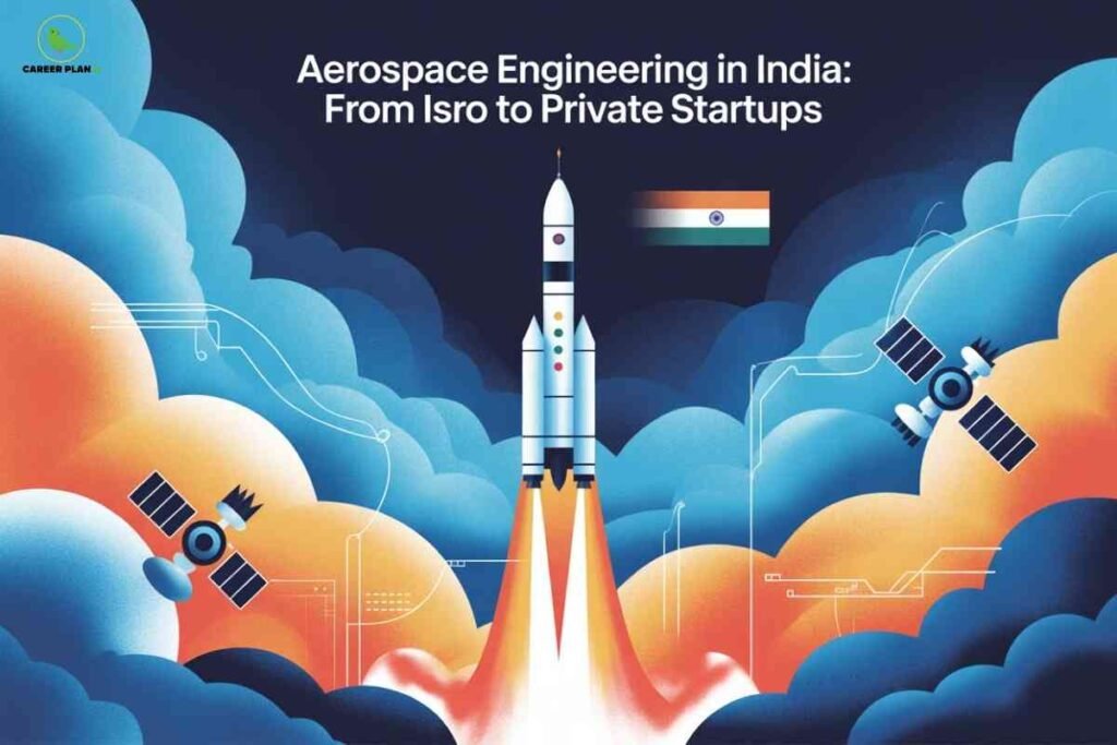 An illustration showing a rocket launching into space with Indian flag colors, surrounded by stylized clouds in orange and blue tones. Two satellites are visible in the scene along with technical line drawings. The Career Plan B logo appears in the top left corner, with white text reading "Aerospace Engineering in India: From Isro to Private Startups" against a colorful space-themed background.