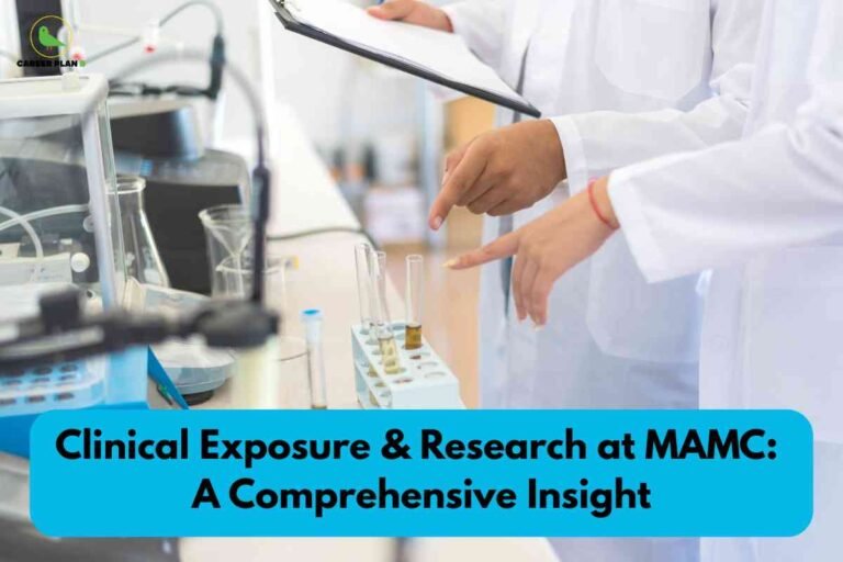 MAMC clinical exposure and research infographic from Career Plan B showing "Clinical Exposure & Research at MAMC: A Comprehensive Insight" with medical professional in white coat working with laboratory equipment and test tubes, representing comprehensive clinical training and research opportunities at Maulana Azad Medical College Delhi including extensive hospital rotations, laboratory work, surgical training, and research projects under expert faculty guidance.