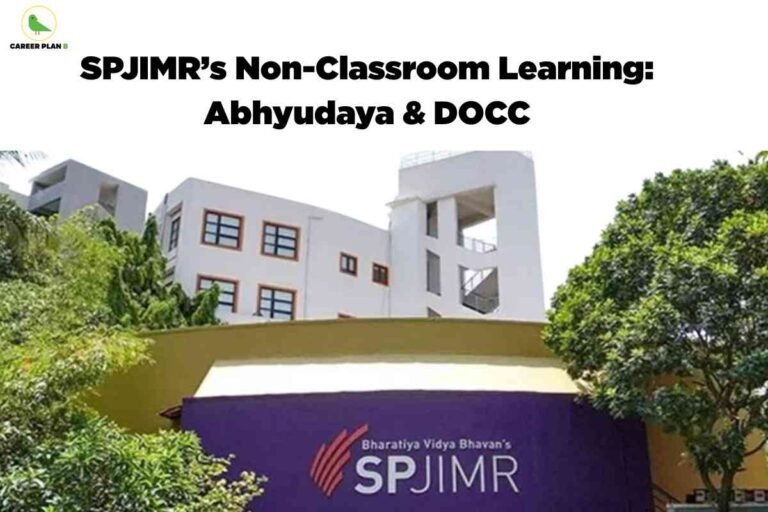 An image showing the SPJIMR campus building with modern architecture surrounded by lush greenery. The distinctive purple and yellow branding of "Bharatiya Vidya Bhavan's SPJIMR" is visible on the building facade. The image title at the top reads "SPJIMR's Non-Classroom Learning: Abhyudaya & DOCC" with the Career Plan B logo in the upper left corner.
