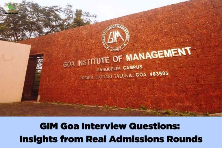 A banner image featuring the entrance of the Goa Institute of Management (GIM) at the Sanquelim Campus. The focal point is a large, textured red-brick wall with a silver GIM emblem and raised metallic letters spelling out "GOA INSTITUTE OF MANAGEMENT" followed by campus details: "SANQUELIM CAMPUS, PORIEM, SATTARI TALUKA, GOA 403505". The green foliage of trees is partially visible above the wall, and part of a white entrance slab appears on the left side. At the bottom, on a light blue banner, bold black text reads: "GIM Goa Interview Questions: Insights from Real Admissions Rounds". The overall design emphasizes direct access to authentic interview experiences for MBA aspirants targeting GIM Goa.