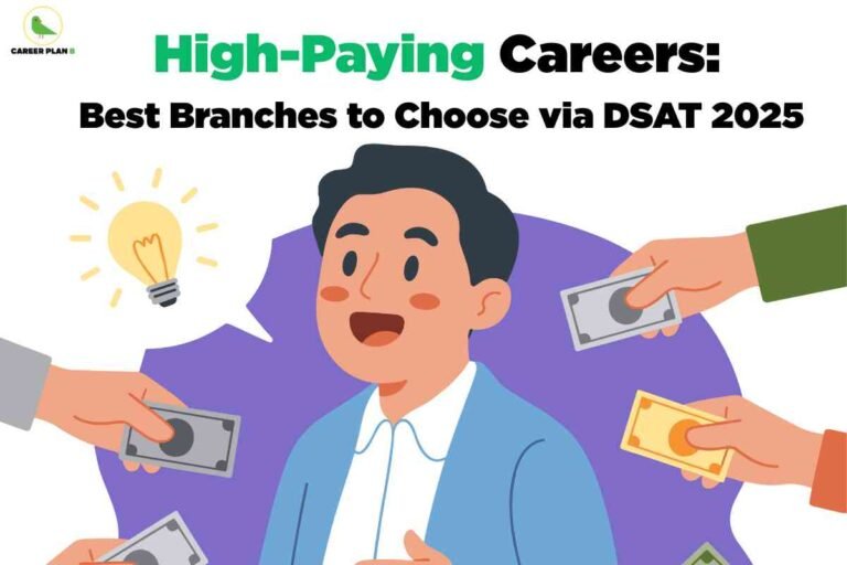 A bright educational banner featuring an illustrated character. In the center, a cartoon-style young man with a friendly expression is dressed in a blue jacket and white shirt, surrounded by hands reaching in from different directions and offering currency notes and bills in various colors. To the left of the character, there is a lightbulb graphic symbolizing a bright idea. At the top left is the "Career Plan B" logo with a green bird icon and text. The main headline uses bold, colorful letters: "High-Paying Careers:" with "High-Paying" in green and "Careers:" in black. Below, the subtitle in bold black text reads: "Best Branches to Choose via DSAT 2025." The overall theme highlights smart branch selection for lucrative careers through DSAT 2025, targeting students seeking guidance on career opportunities.