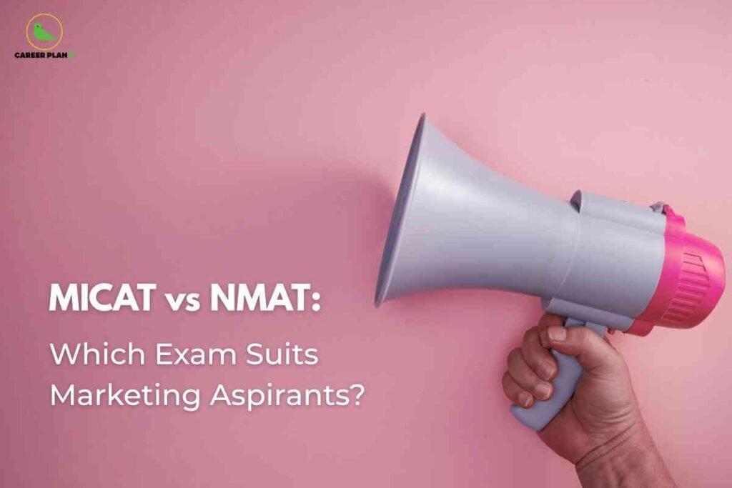 This image features a marketing and exam-related theme relevant to MBA aspirants. The central element is a hand holding a large gray and pink loudspeaker (megaphone) against a pastel pink wall, symbolizing communication and promotion—key aspects of marketing. On the upper left, the Career Plan B logo is visible, denoting the educational consulting brand behind the content. The left half of the image contains bold white headline text that reads: "MICAT vs NMAT: Which Exam Suits Marketing Aspirants?" This highlights the purpose of the visual, which is to compare two MBA entrance exams (MICAT and NMAT) focused on candidates interested in marketing specializations.