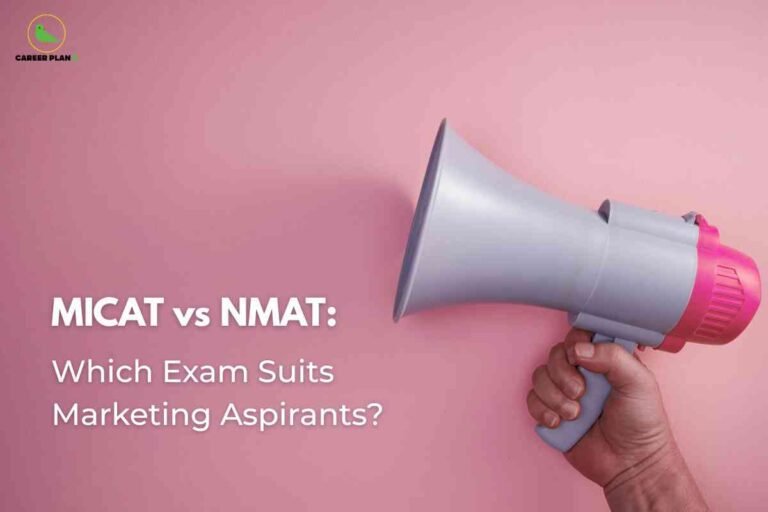 This image features a marketing and exam-related theme relevant to MBA aspirants. The central element is a hand holding a large gray and pink loudspeaker (megaphone) against a pastel pink wall, symbolizing communication and promotion—key aspects of marketing. On the upper left, the Career Plan B logo is visible, denoting the educational consulting brand behind the content. The left half of the image contains bold white headline text that reads: "MICAT vs NMAT: Which Exam Suits Marketing Aspirants?" This highlights the purpose of the visual, which is to compare two MBA entrance exams (MICAT and NMAT) focused on candidates interested in marketing specializations.