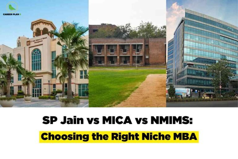 A comparison graphic for MBA aspirants features three vertical sections, each showing a campus building of a notable Indian business school. Left: the beige-tan SP Jain School of Global Management building with arched windows, palm trees, and modern landscaping under a blue sky. Center: the brick façade and open field of the MICA (Mudra Institute of Communications, Ahmedabad) campus, with trees visible in the background. Right: the glass-and-steel high-rise building of NMIMS (Narsee Monjee Institute of Management Studies), reflecting the sky and city surroundings. At the top left, the green bird logo and “Career Plan B” label are visible. Below the images, bold black text reads: “SP Jain vs MICA vs NMIMS:”, and a highlighted yellow banner below this states, “Choosing the Right Niche MBA.” The design emphasizes visual comparison for students evaluating specialized MBA programs.