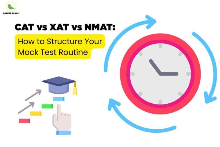 A clean, modern graphic for MBA mock test preparation features bold text at the top reading "CAT vs XAT vs NMAT:", followed by a large yellow box with black text stating "How to Structure Your Mock Test Routine." The Career Plan B logo with a green bird appears in the upper left corner. To the right, there is a large, brightly colored clock with a pink rim and blue circular arrows, symbolizing time management and routine. On the lower left, icons illustrate preparation: a graduation cap, a hand pointing upwards, and a sequence of colored bars with arrows, suggesting planning, progression, and stepwise learning. The overall composition communicates strategies and timing for mock test routines in a visually engaging way.
