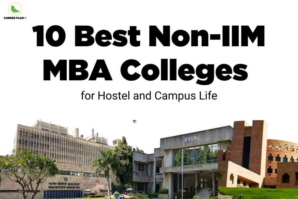 A wide header image showcases three different campus buildings beneath a large, bold title for an MBA guide. The top part features the Career Plan B green bird logo at the upper left and black text across the center reading “10 Best Non-IIM MBA Colleges for Hostel and Campus Life.” Below the text, three distinct MBA college buildings are displayed side by side: left, the beige, multi-story modern building of IIT Delhi, surrounded by green trees and shrubbery; center, the XLRI Jamshedpur Learning Center, with wide windows, rectangular shapes, and some gardens; right, a uniquely designed campus structure with curved walls and terracotta-colored brick, indicating an elite private business school. The composition emphasizes variety in architecture and campus life beyond the IIMs.