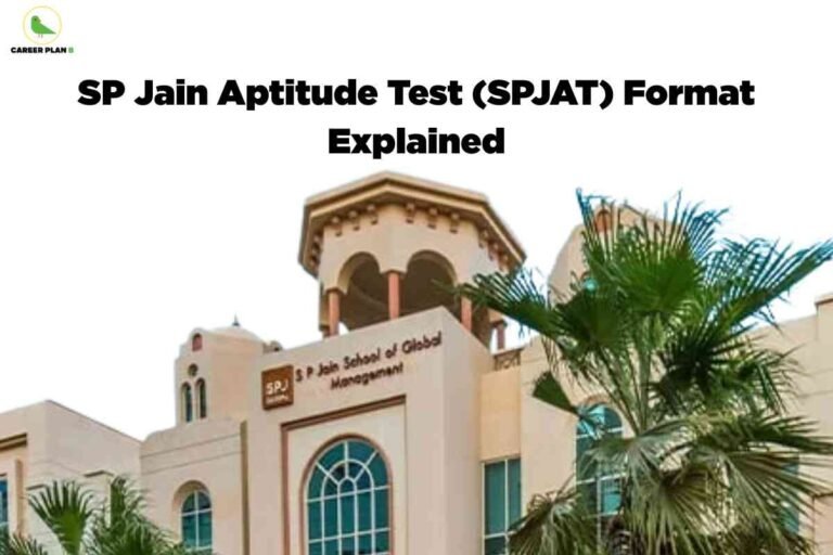 A prominently featured beige and tan building of the S P Jain School of Global Management stands under a clear sky, surrounded by tropical palm trees and green landscaping. The architecture includes arched windows, pillars, and a distinctive tower-like structure at the top with decorative arches. At the top left corner is the Career Plan B green bird logo and brand name. Centered above the building, bold black text reads, "SP Jain Aptitude Test (SPJAT) Format Explained." The image visually connects the SP Jain campus with explanatory content about their entrance exam format.