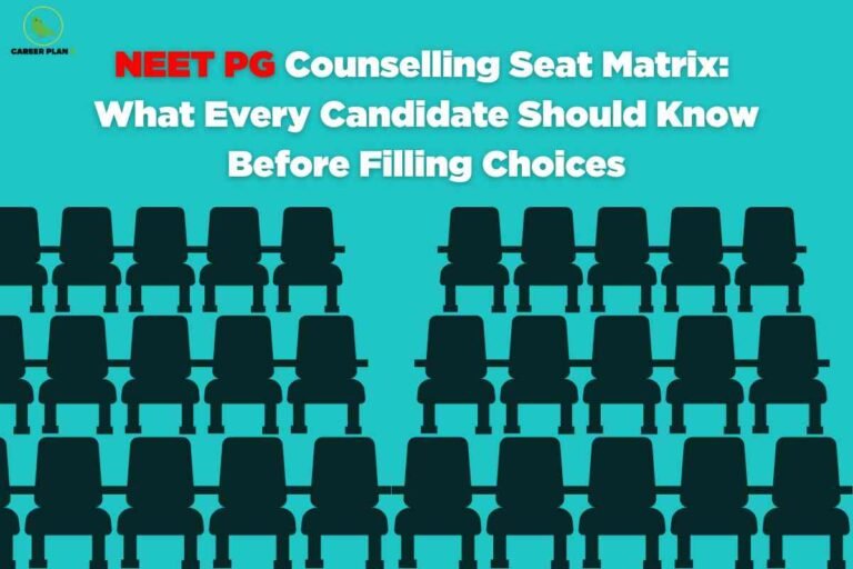 A digital educational graphic on a teal background shows five rows of black silhouettes of auditorium seats, symbolizing seat allocation. At the top left is the Career Plan B green bird logo and name. Large bold text across the top and center reads: "NEET PG Counselling Seat Matrix: What Every Candidate Should Know Before Filling Choices," with "NEET PG" highlighted in red while the rest of the text is white. The layout visually emphasizes available seats in the context of medical postgraduate counselling and key information for candidates about the seat selection process.