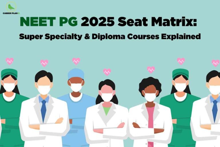 A vibrant illustration features a diverse group of seven healthcare professionals (doctors and nurses) dressed in white coats and green medical scrubs, all wearing protective face masks. Each person stands confidently with crossed arms against a pale aqua background. Above their heads, pink heart icons with ECG lines suggest care and cardiology. At the top left is the green bird logo and brand name of Career Plan B. Large, bold headline text across the upper part states: "NEET PG 2025 Seat Matrix: Super Specialty & Diploma Courses Explained," with "NEET PG" in dark green and "2025 Seat Matrix:" in black, while the subtitle is presented in bold black. The scene visually conveys information on postgraduate medical seat allocation and specialization in a welcoming, professional healthcare setting.