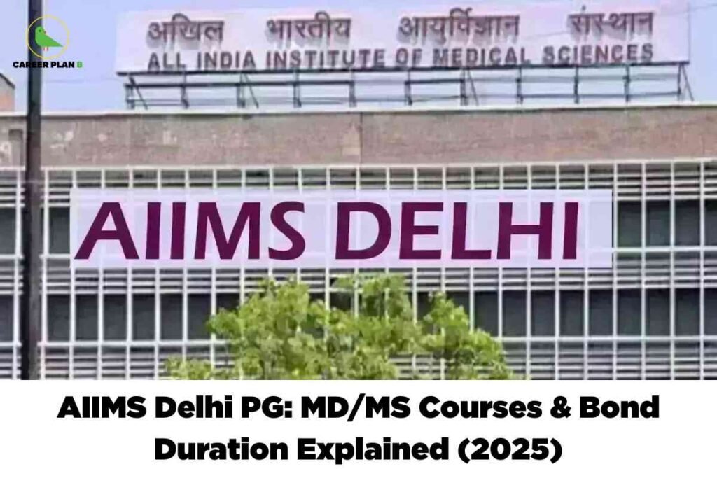 A photograph of the exterior of the All India Institute of Medical Sciences (AIIMS) Delhi building, featuring its distinct grid-like facade. At the top is a bilingual sign displaying 'ALL INDIA INSTITUTE OF MEDICAL SCIENCES' in English and Hindi. Large, bold purple text superimposed across the center of the building reads: 'AIIMS DELHI.' In the top left corner is the Career Plan B logo, which shows a green bird and the company name in black and green text. At the bottom of the image, on a white strip, bold black text states: 'AIIMS Delhi PG: MD/MS Courses & Bond Duration Explained (2025).' Green tree foliage partially covers the lower part of the building, indicating the campus setting. The image visually represents key information about postgraduate medical education and admission details at AIIMS Delhi.