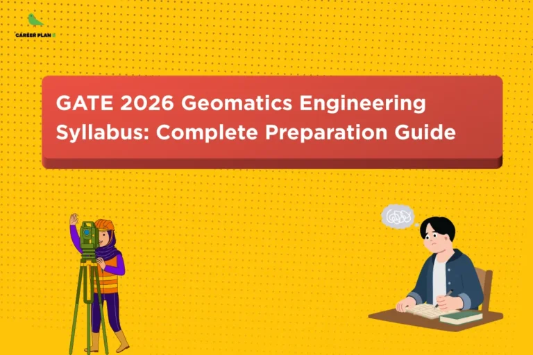 Yellow educational banner with illustrations of a surveyor using equipment and a student studying under the title “GATE 2026 Geomatics Engineering Syllabus: Complete Preparation Guide,” highlighting key topics and preparation strategy for GATE 2026 Geomatics aspirants.