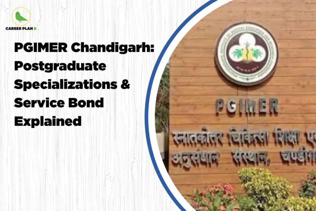 This image features an informational banner about the Postgraduate Institute of Medical Education and Research (PGIMER) in Chandigarh. On the left side, against a light wood-textured background, bold black text reads: "PGIMER Chandigarh: Postgraduate Specializations & Service Bond Explained." The top-left corner displays the Career Plan B logo, consisting of a green bird within a circular outline and the text "CAREER PLAN B" beneath it. On the right side of the image, there is a color photograph of the PGIMER institutional signage mounted on a wooden wall. The PGIMER emblem and large metallic letters spelling "PGIMER" in English and Hindi are prominent. Below the signage, landscaped greenery with small plants and flowers is visible. The entire composition is partially bordered by a blue arc that separates the text from the photo.