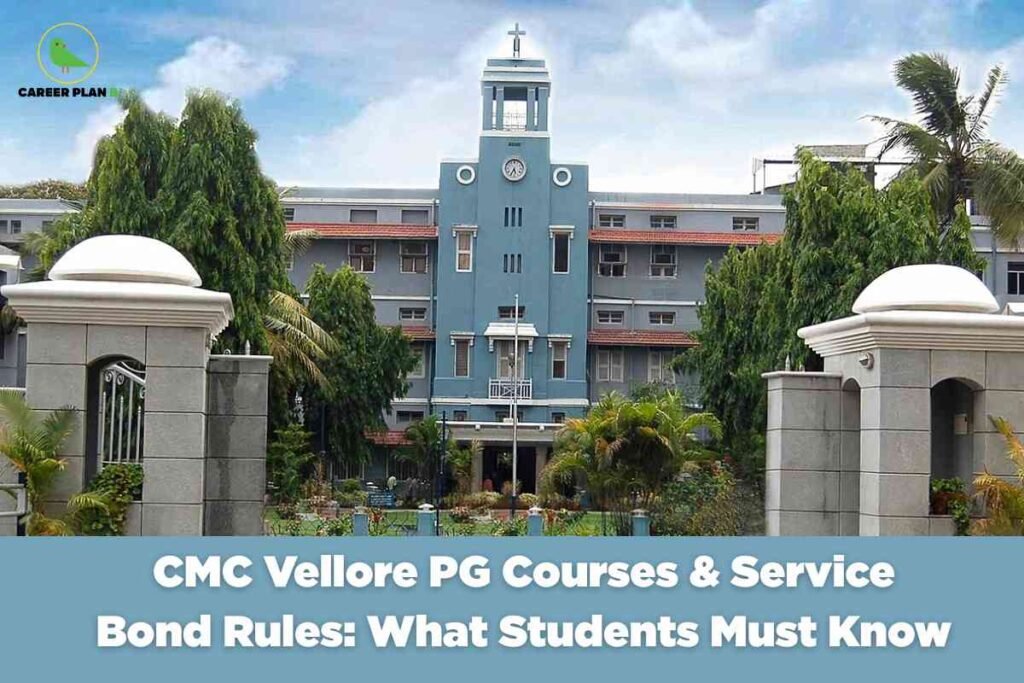 This image shows the main entrance and facade of Christian Medical College (CMC) Vellore, a prominent medical institution in India. The foreground features the institution's gate pillars with domed tops, elegant gray stonework, and ornamental grillwork. Behind the gate, a lush, landscaped garden with palm trees, shrubs, and other greenery leads up to the college's central building. The building itself is blue and multi-storeyed, with many windows and a distinctive central clock tower topped by a cross. The sky is partly cloudy, contributing to a serene, academic atmosphere. At the top left corner is the Career Plan B logo—a green bird in a circular outline with the text "CAREER PLAN B" beneath it. Across the bottom of the image, a large blue banner displays the text: "CMC Vellore PG Courses & Service Bond Rules: What Students Must Know" in bold, white letters.