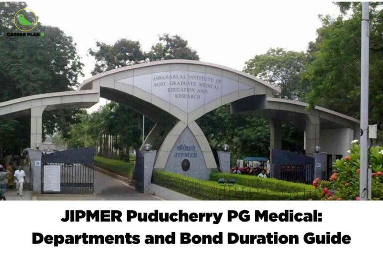 This image displays the entrance gate of the Jawaharlal Institute of Post Graduate Medical Education and Research (JIPMER) in Puducherry. The foreground shows a grand, modern gate structure in gray with an arch and pillars, prominently featuring the institute’s full name engraved on the overhead panel. The lower portion of the arch has “JIPMER” written in both English and Tamil. To the left and right, the gate is flanked by large metallic pillars, entry gates, and surrounding greenery, with tall trees and manicured bushes lining the pathway. Several people are visible near the entrance, adding a sense of activity. At the top left corner is the Career Plan B logo—a green bird inside a circular outline with the text "CAREER PLAN B" underneath. Across the bottom is a large, bold caption in black letters on a white background that reads: "JIPMER Puducherry PG Medical: Departments and Bond Duration Guide.