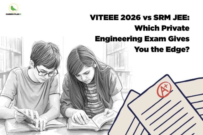 Detailed alt text: Two students, a boy and a girl, are seated at a table in a library or study room, both focused intently on reading their textbooks. The boy, wearing glasses and a casual T-shirt, holds a pencil while reading. The girl, with long hair and a striped shirt under a jacket, is also deeply engaged with her book. In the foreground, there are visible exam papers with a prominent “A+” grade in red ink. The top right features bold text that reads: “VITEEE 2026 vs SRM JEE: Which Private Engineering Exam Gives You the Edge?” In the top left corner, the Career Plan B logo is present. The image underscores an academic atmosphere and the competitive nature of private engineering entrance exams in India.