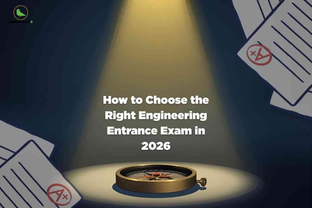 The image features a dramatic spotlight shining down from above, illuminating a classic brass compass placed at the center of the scene, symbolizing guidance or direction. The background is dark, enhancing the effect of the light on the compass. Surrounding the margins of the image are several exam papers with bold red “A+” marks, positioned at the corners and partially overlapping into the frame. Centered in the spotlight and set in white, bold font is the title: “How to Choose the Right Engineering Entrance Exam in 2026.” The Career Plan B logo appears in the top left corner. The overall composition visually represents making informed choices amidst academic achievements.